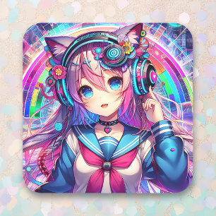 Sticker Carré Oeuvre colorée Glitchcore Anime Girl