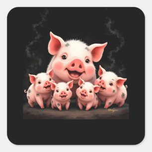 Sticker Carré Œuvre d'art porcine – Truie et porcelets
