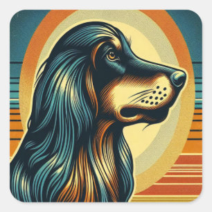 Sticker Carré Oeuvre rétro Afghan Hound Jaune Bleu Orange