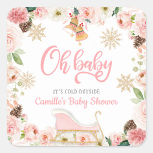 Sticker Carré Oh Baby Winter Rose fille Baby shower Favoriser