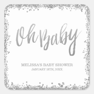 Sticker Carré Oh Bébé Blanc Argent Faux Parties scintillant Baby
