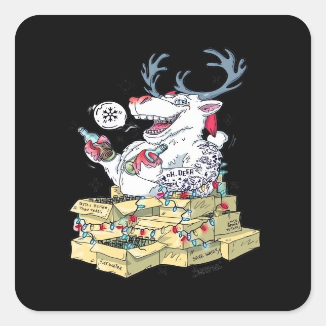 Sticker Carré Oh Deer Drunk Reindeer Celebrating Christmas Festi (Devant)