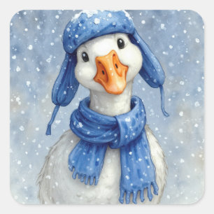 Sticker Carré Oie blanche en aquarelle hiver avec écharpe bleue