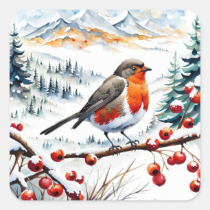 Sticker Carré Oiseau avec neige et baies rouges