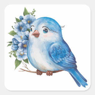 Sticker Carré Oiseau bleu avec fleurs