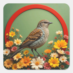 Sticker Carré Oiseau Coloré Parmi des Fleurs Épanouies dans Déco