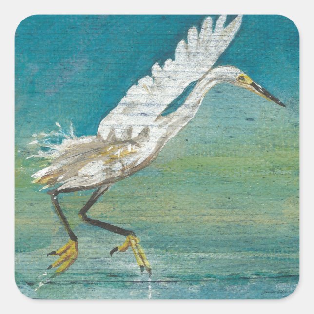 Sticker Carré Oiseau côtier d'aigrettes Peinture du lac Ocean (Devant)