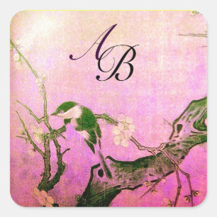 STICKER CARRÉ OISEAU DE PRINTEMPS ET MONOGRAMME D'ARBRE FLEURIER