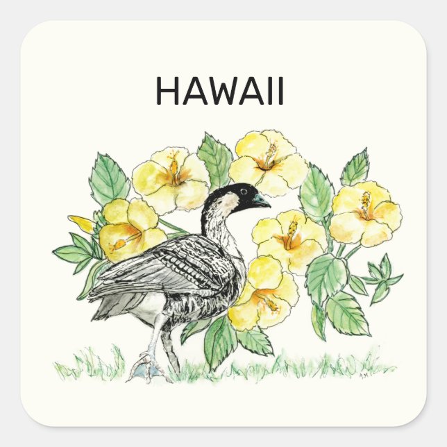 Sticker Carré Oiseau d'État d'Hawaii et fleurs (Devant)