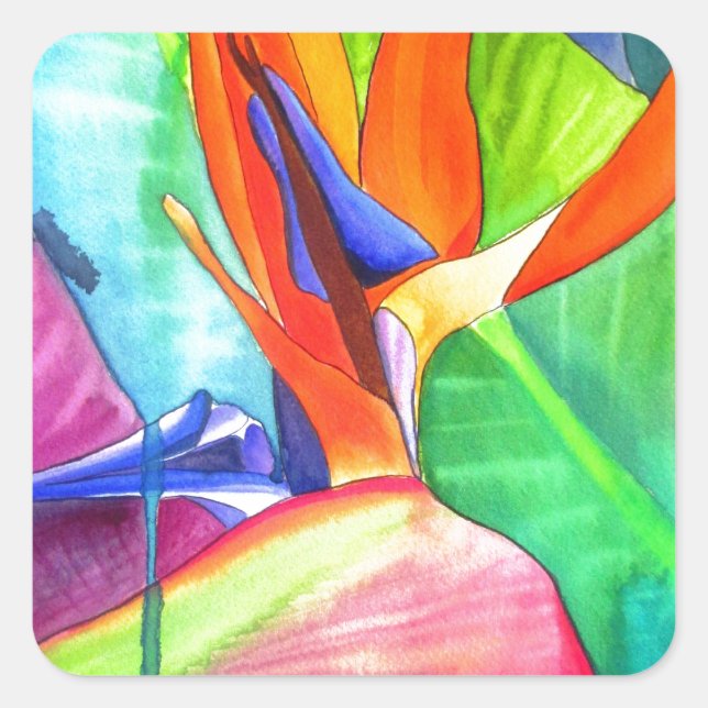 Sticker Carré Oiseau du Paradis Strelitzia fleur art tropical (Devant)