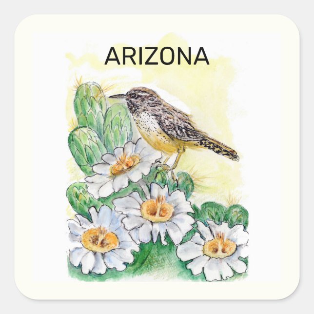 Sticker Carré Oiseau et fleur de l'état de l'Arizona (Devant)