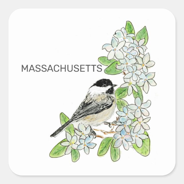 Sticker Carré Oiseau et fleur du Massachusetts (Devant)