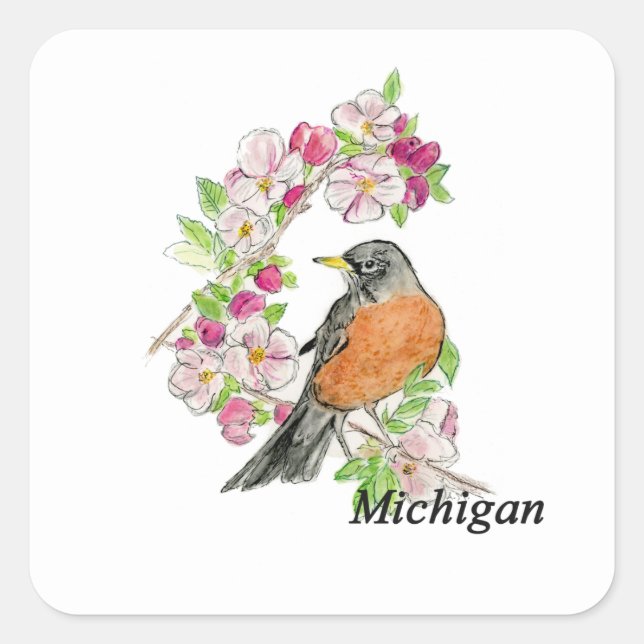Sticker Carré Oiseau et fleur du Michigan (Devant)