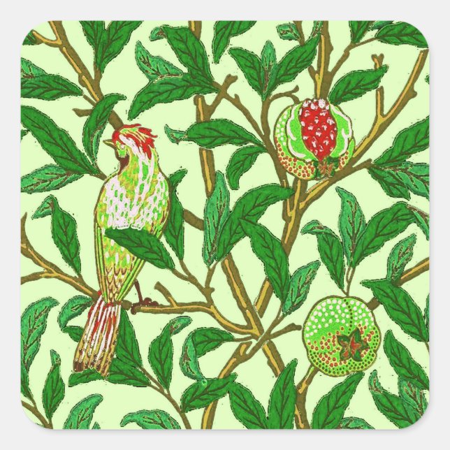 Sticker Carré Oiseau et grenade Art Nouveau, Vert citron (Devant)