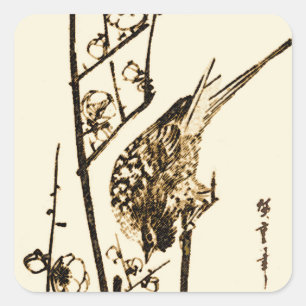 Sticker Carré Oiseau japonais sur une branche - Brown et beige