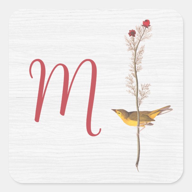 Sticker Carré Oiseau jaune d'Audubon sur fleur avec monogramme (Devant)