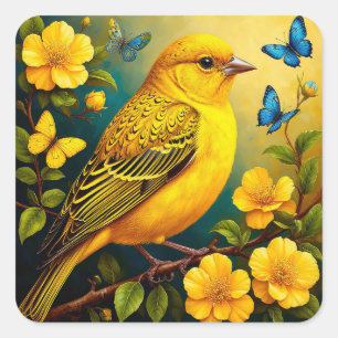Sticker Carré Oiseau Jaune Floral Joie de Printemps