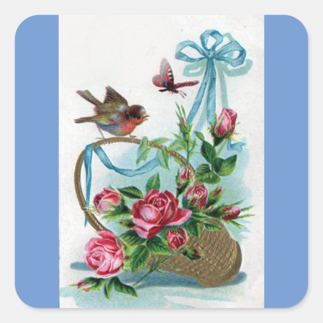 Sticker Carré Oiseau vintage Et Fleurs (Devant)