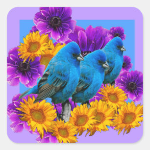 STICKER CARRÉ OISEAUX BLEU FLEURS BLEU ART