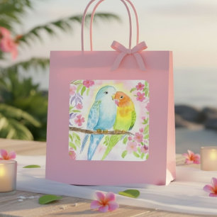 Sticker Carré Oiseaux d'amour à l'aquarelle avec des fleurs rose