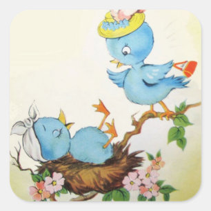 Sticker Carré Oiseaux de caricature vintages dans un nid