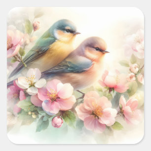 Sticker Carré Oiseaux de l'amour doux pastel de printemps Fleurs