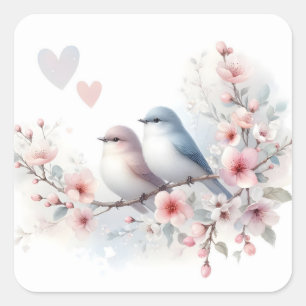 Sticker Carré Oiseaux de l'amour romantique Branche de fleurs de