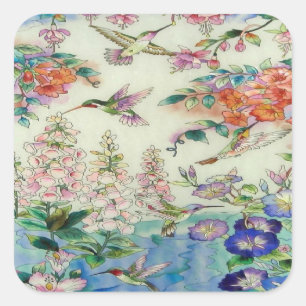 Sticker Carré Oiseaux de mer et fleurs vitraux en bois