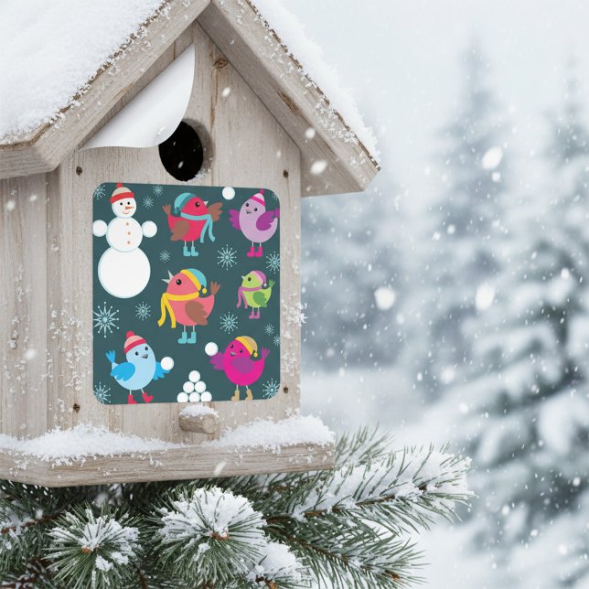 Sticker Carré Oiseaux d'hiver Jouer dans la neige avec Snowman (Créateur téléchargé)
