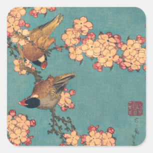 Sticker Carré Oiseaux Fleurs Hokusai Art Japonais