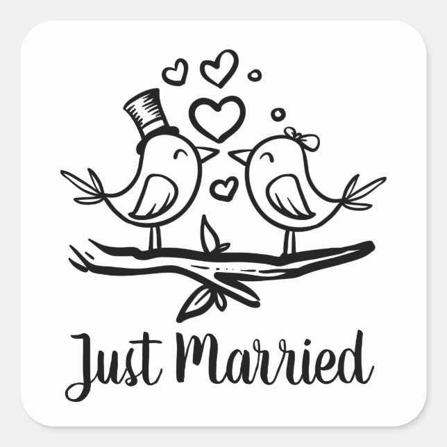 Sticker Carré Oiseaux Noir Blanc Lovebirds Mariage Juste Marié (Devant)