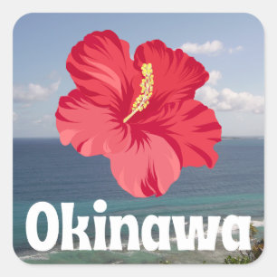 Sticker Carré Okinawa Pittoresque View & Hibiscus Poster