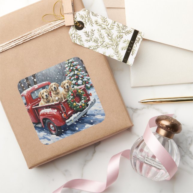 Sticker Carré Old English Sheepdog Christmas Red Truck Holiday (Cadeaux)