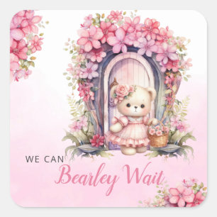 Sticker Carré On peut attendre aquarelle rose baby shower carré