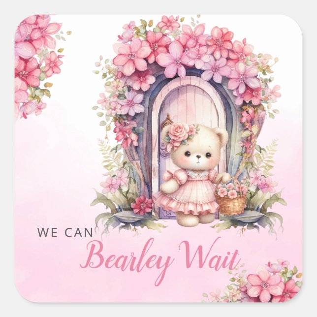 Sticker Carré On peut attendre aquarelle rose baby shower carré (Devant)