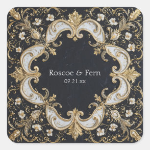 Sticker Carré Or Baroque Fleurie Noir Mariage Luxueux