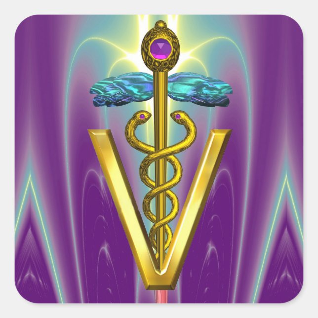 Sticker Carré OR CADUCUS SYMBOLE VÉTÉRINAIRE Purple Vert (Devant)