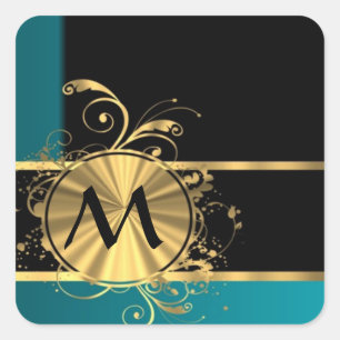 Sticker Carré or vert turquoise et monogramme noir