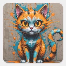Sticker Carré Orange Aqua/Chat Turquoise