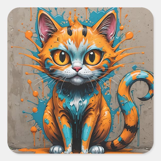 Sticker Carré Orange Aqua/Chat Turquoise (Devant)