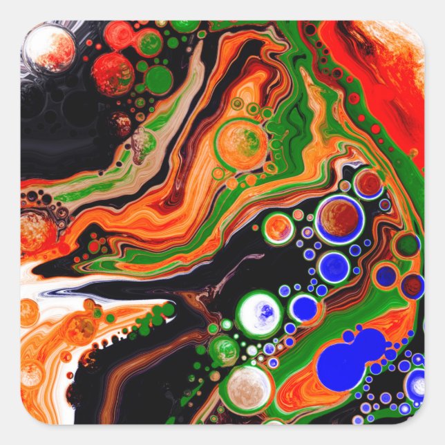 Sticker Carré Orange, Bleu, Vert, Black Digital Fluid Art (Devant)