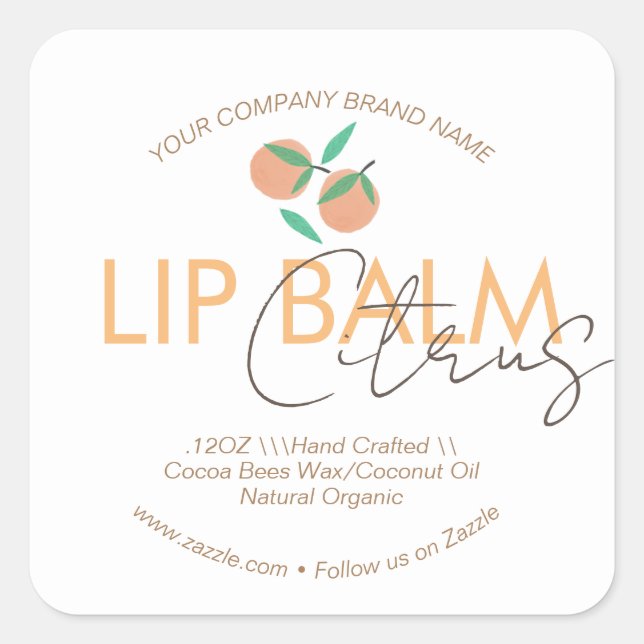 Sticker Carré Orange Citrus Lip Balm Business Packaging (Devant)