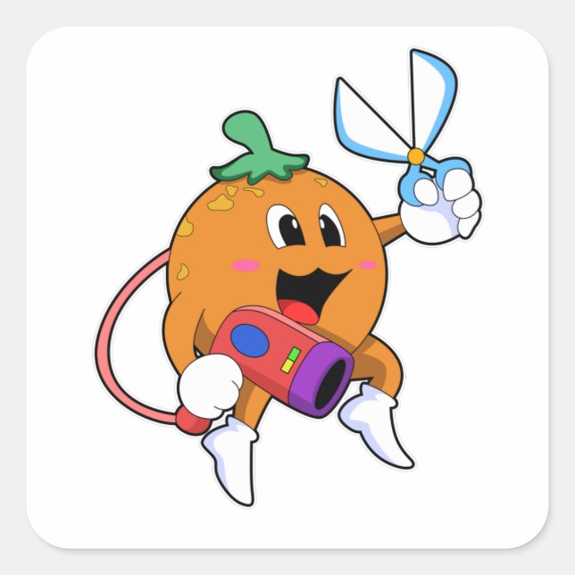 Sticker Carré Orange comme Coiffeur avec ciseaux et sèche-cheveu (Devant)
