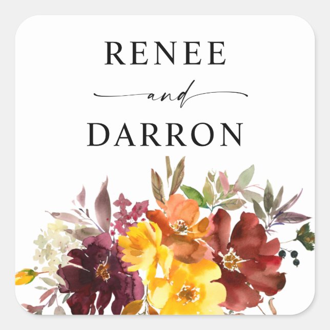 Sticker Carré Orange & Jaune Gold Fall Floral (Devant)