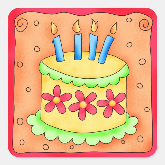 Sticker Carré Orange Jaune Joyeux gâteau d'anniversaire bougies (Devant)