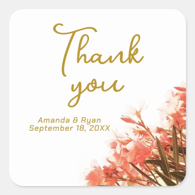 Sticker Carré Orange Oleander Fleurs Mariage Floral Merci (Devant)