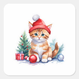 Sticker Carré Orange Père Noël Kitten Décorations de Noël