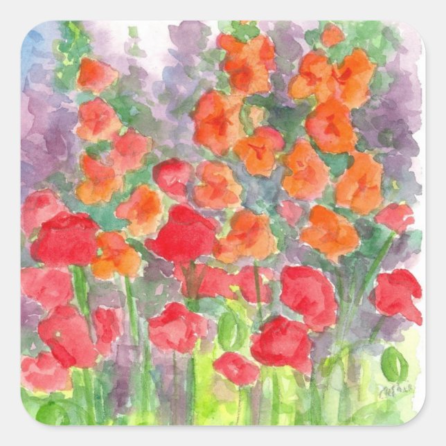 Sticker Carré Orange Populaire Gladiola Fleur Aquarelle Jardin (Devant)