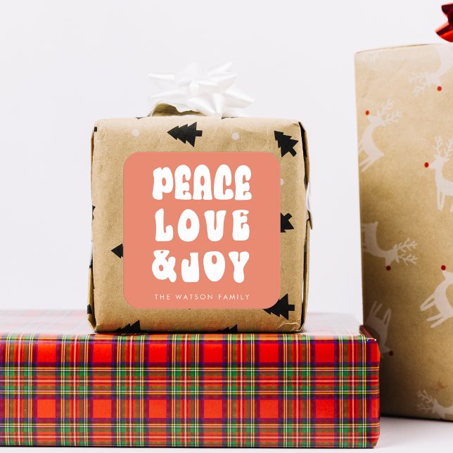 Sticker Carré Orange Retro Super Peace Love Joie Holiday (Orange Retro Groovy Peace Love Joy Holiday Square Sticker)