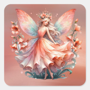 Sticker Carré Orange Rouge Floral Fée Princesse Filles
